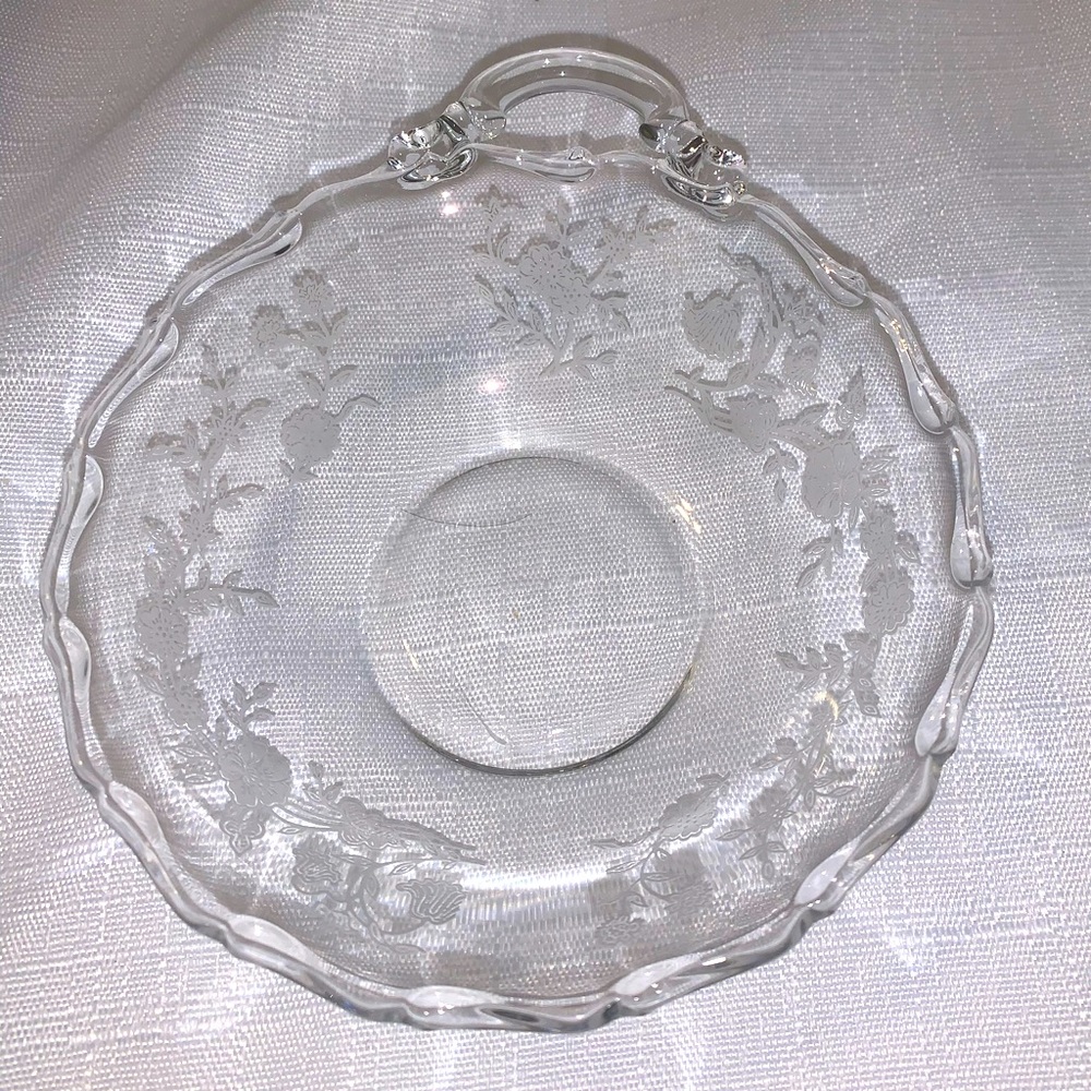 Fostoria ETCHED HEATHER CRYSTAL ROUND HANDLED SERVING BOWL VINTAGE